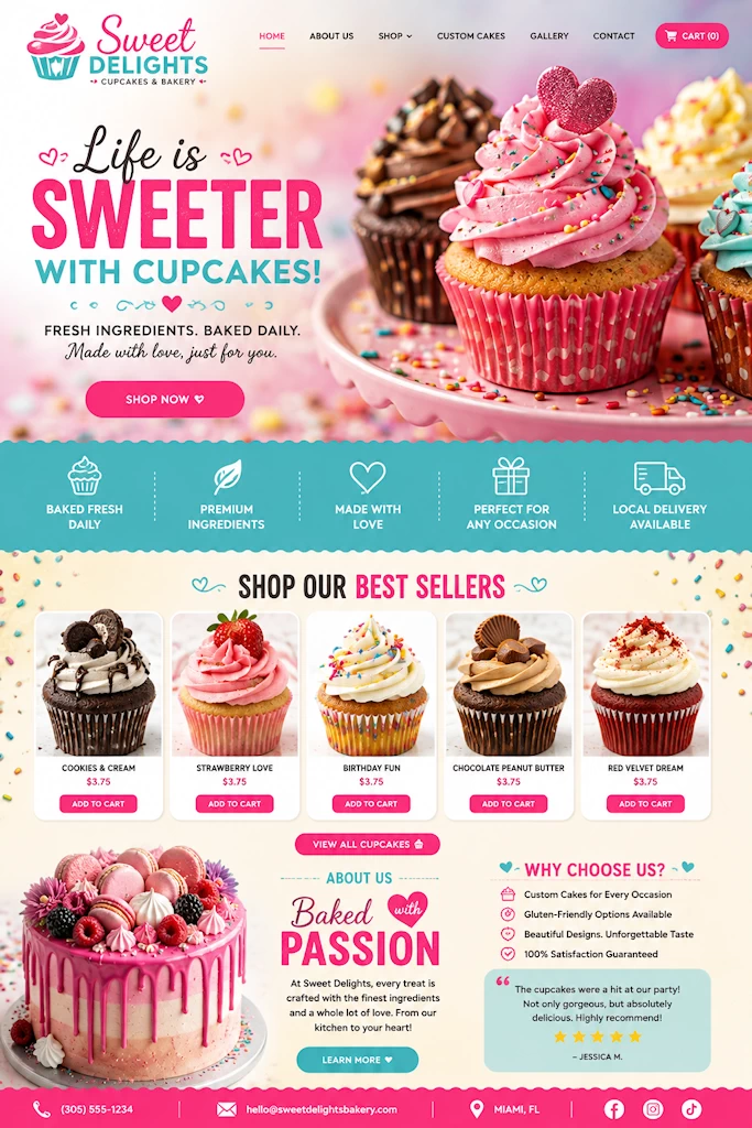 Colorful Florida cupcake bakery website design sample