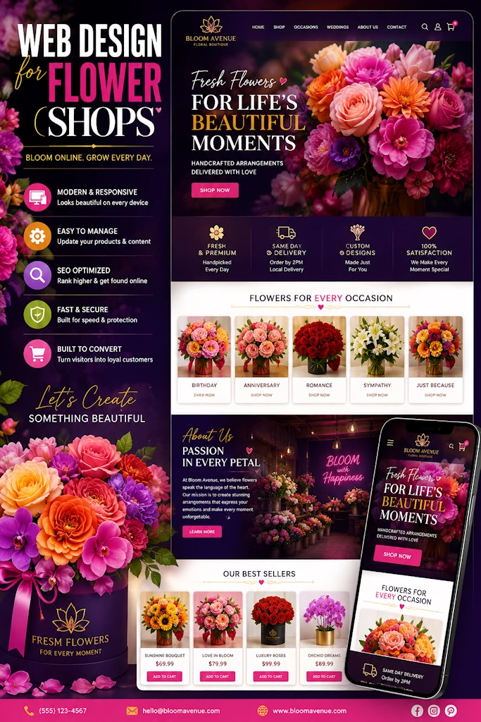 Bold colorful flower shop website design sample by Web Mermaids