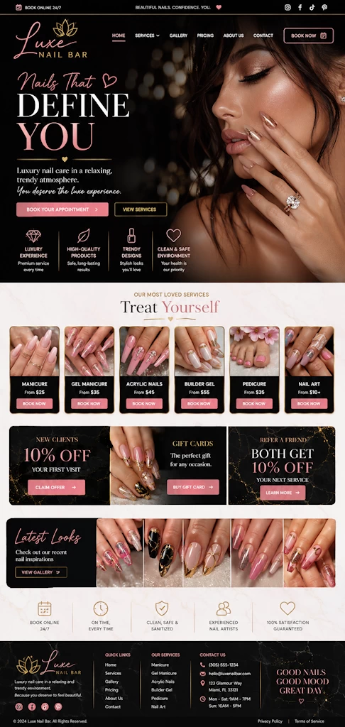Luxury trendy nail salon website design sample