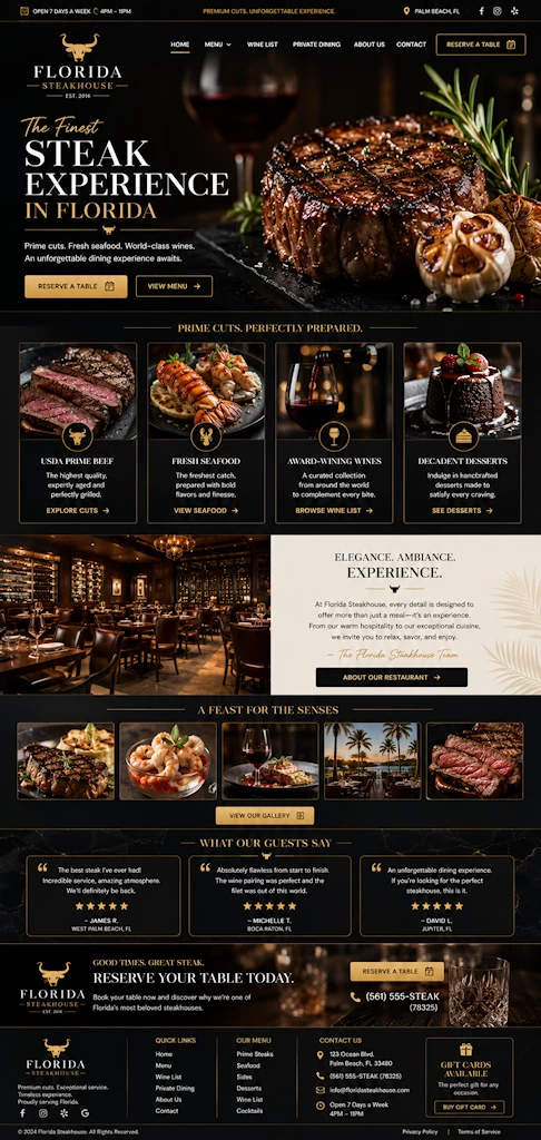 Luxury Florida steakhouse restaurant website design sample